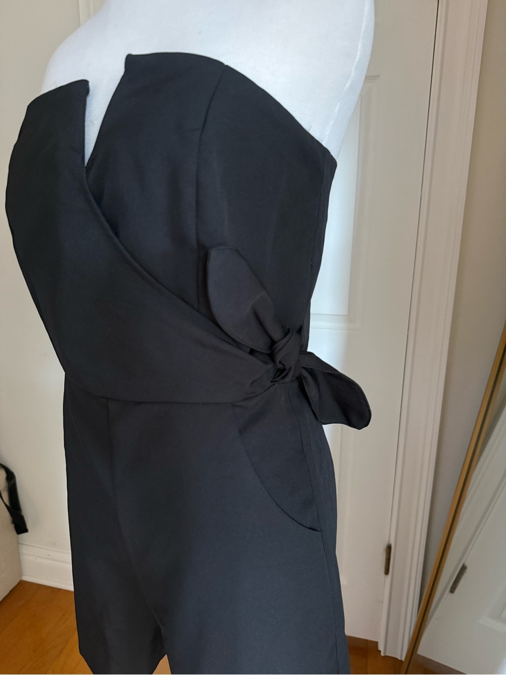 She + Sky Black Tailored shorts romper in size medium with cute side tie! - Picture 2 of 6